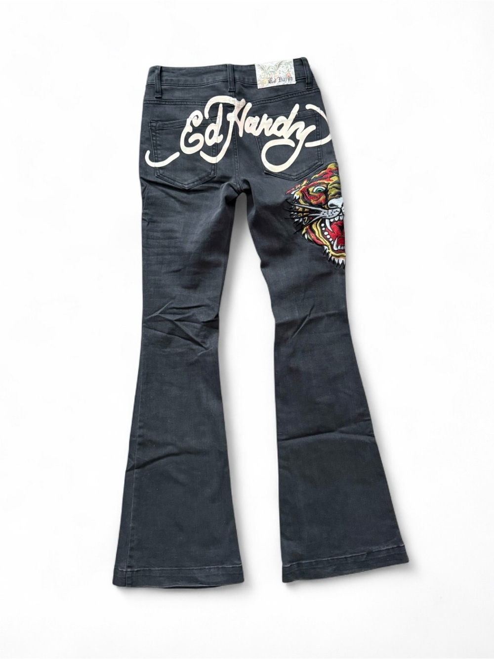Ed Hardy Black Flare Jeans with White Script and Multicolor Tiger